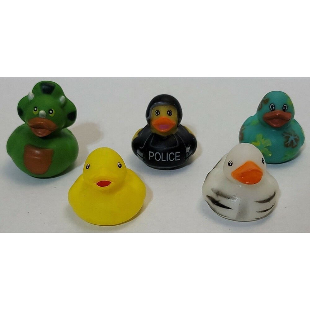 Lot Of 5 Character Rubber Ducks Police Flowers Skeleton Dinosaur Classic Yellow
